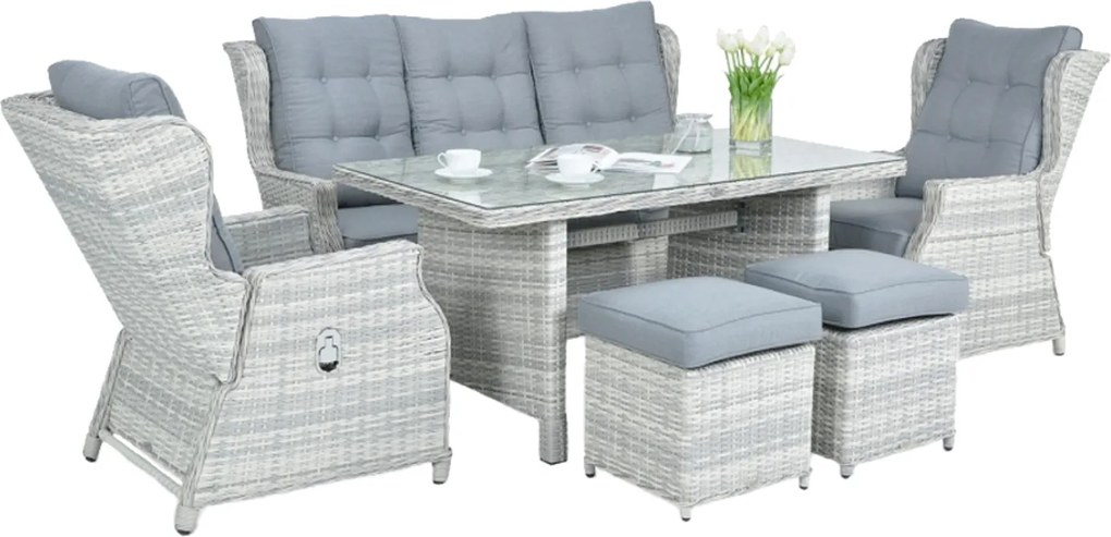 Garden Line SÚPRAVA ZÁHRADNÉHO NÁBYTKU Z HLINÍKA A RATANU (SOFA + STÔL + 2 KRESLÁ + 2 TABURETY) ŠEDÁ + ŠEDÉ VANKÚŠE *0404