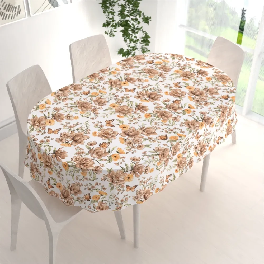 Biante Bavlnený oválny obrus Sandra SA-458 Hnedé kvety magnólie s motýlikmi na bielom 120x180 cm