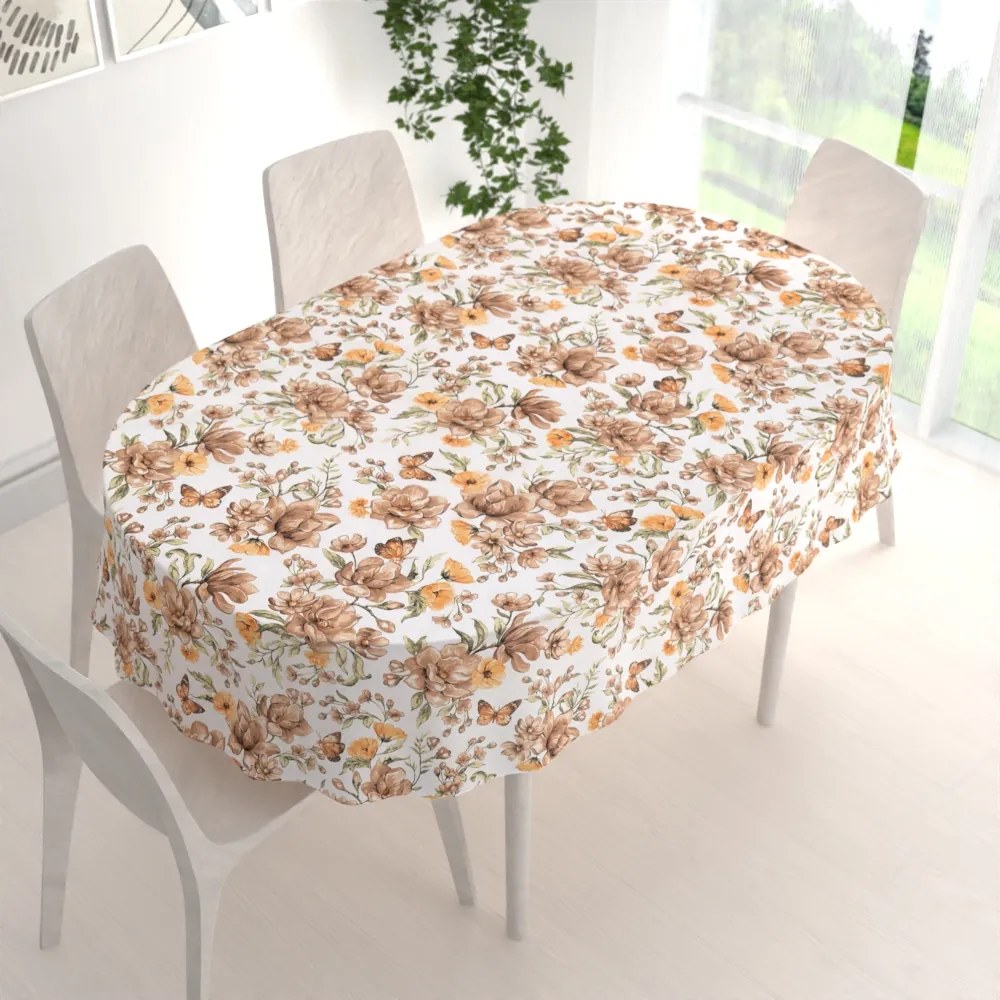 Biante Bavlnený oválny obrus Sandra SA-458 Hnedé kvety magnólie s motýlikmi na bielom 60x100 cm