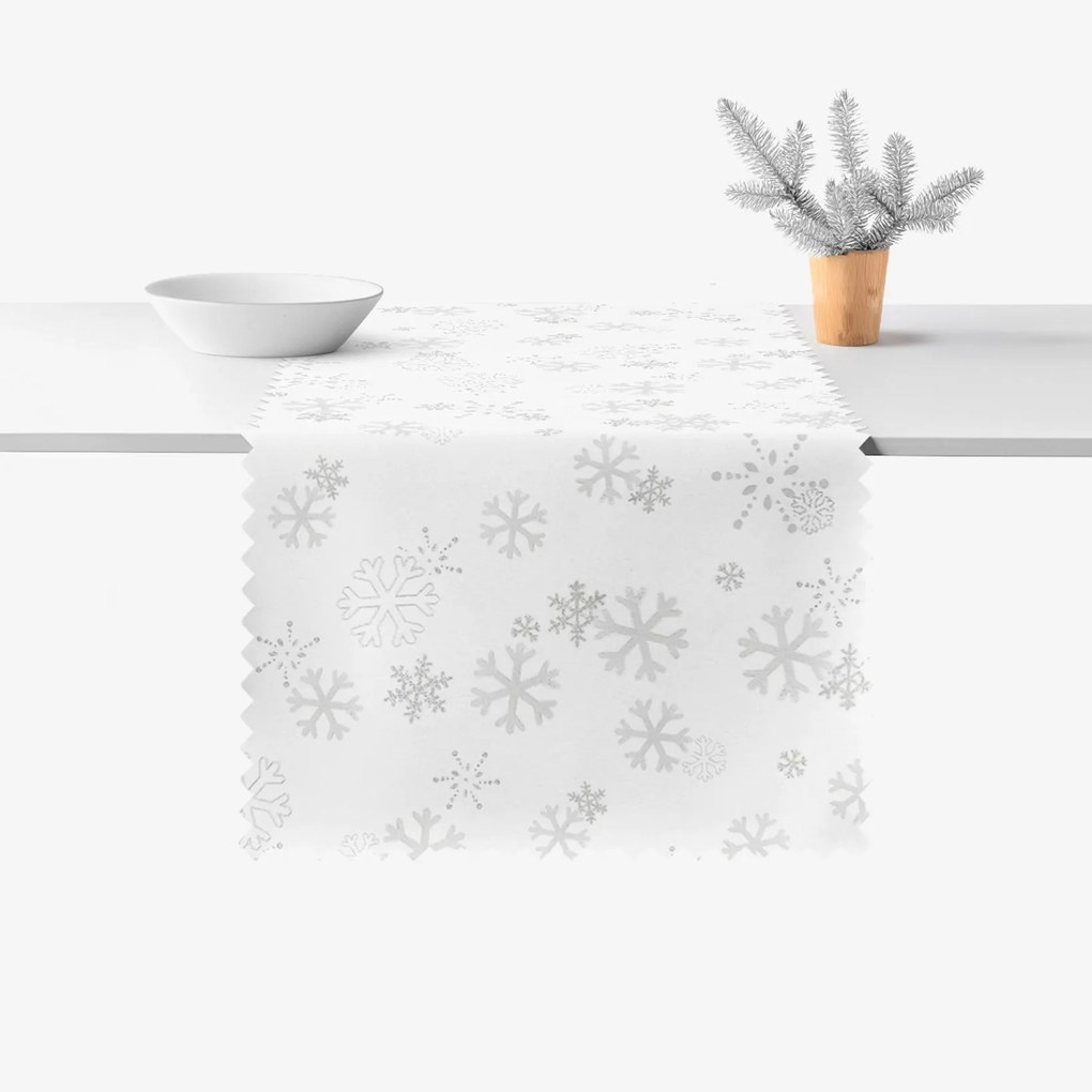 Goldea behúň na stôl teflónový - strieborné vločky na bielom 35x140 cm