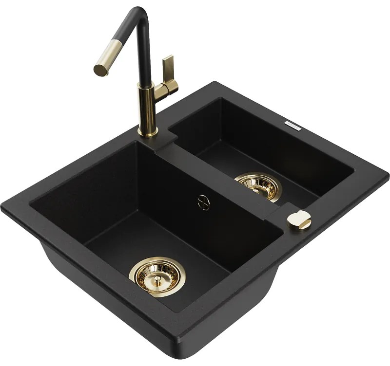 Mexen Carlos, 1,5-komorový granitový drez 582x475x177 mm a drezová batéria Flora, čierna, 6518-77-670401-57-G