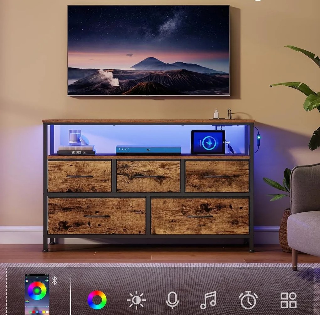 Komoda s LED osvetlením a nabíjacou stanicou Vasagle Mory 98,7 cm hnedá/čierna