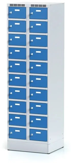 Alfa 3 Šatníková skrinka na sokli s úložnými boxami, 20 boxov, 1920 x 600 x 500 mm, otočný zámok, modré dvere