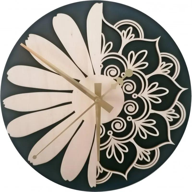 Sentop - Drevené hodiny  na stenu kvet života model: MDF čierna/ preglajka topoľ PR0374