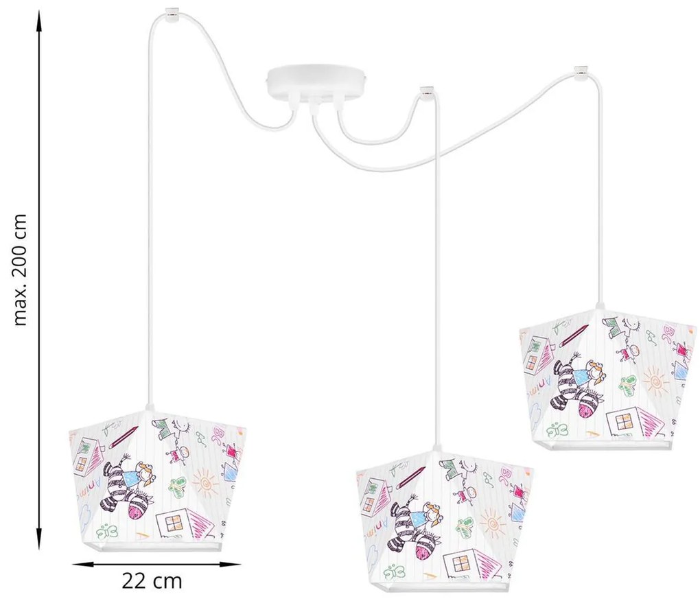 Detské závesné svietidlo Diamond Spider, 3x biele textilné tienidlo so vzorom