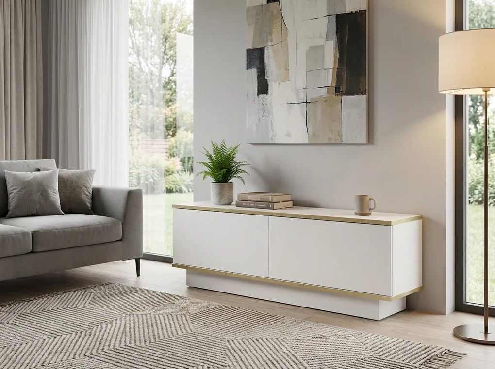 AKCIA TV stolík ALVIN 135 cm, biela/zlatá II. akosť