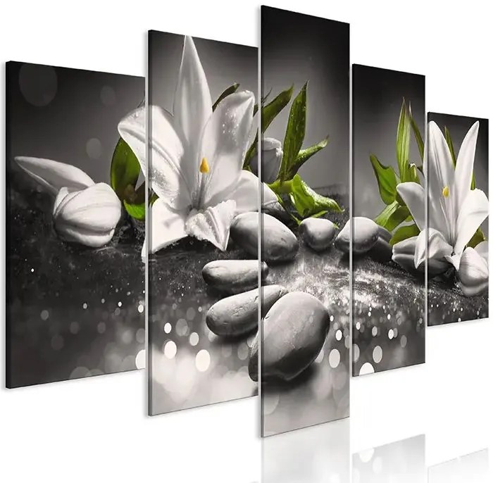 Obraz - Lilies and Stones (5 Parts) Wide Grey Veľkosť: 100x50, Verzia: Premium Print