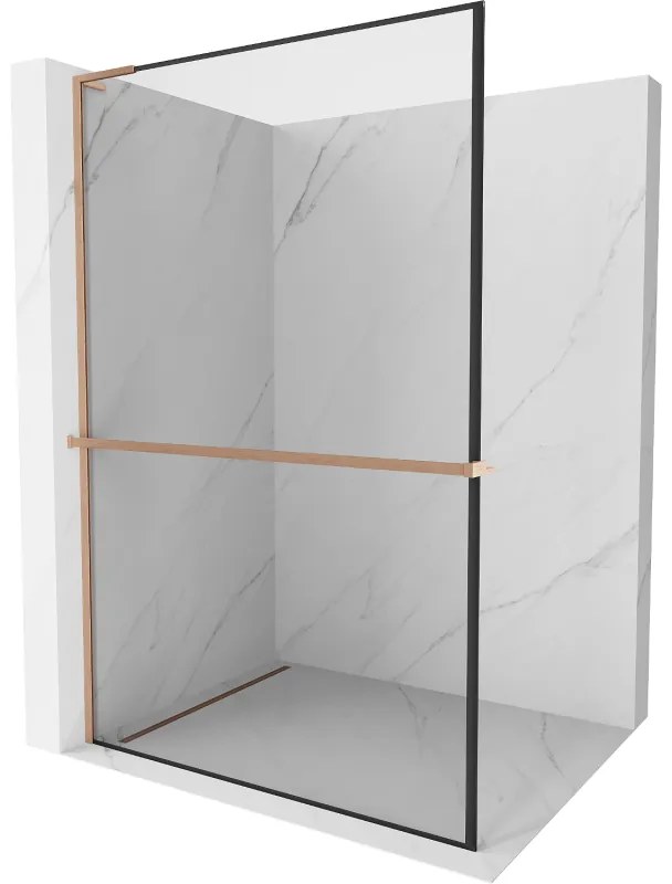 Mexen Kioto+ L, sprchová zástena Walk-In s poličkou a vešiakom 70 x 200 cm, 8mm číre sklo čierny vzor, medený matný profil, 800-070-123-65-70