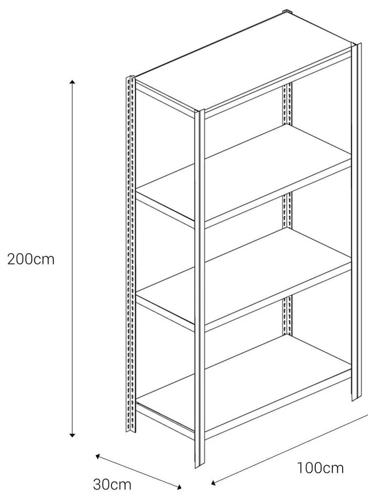 Bezskrutkový kovový regál 200x100x30cm T profil, 4 police