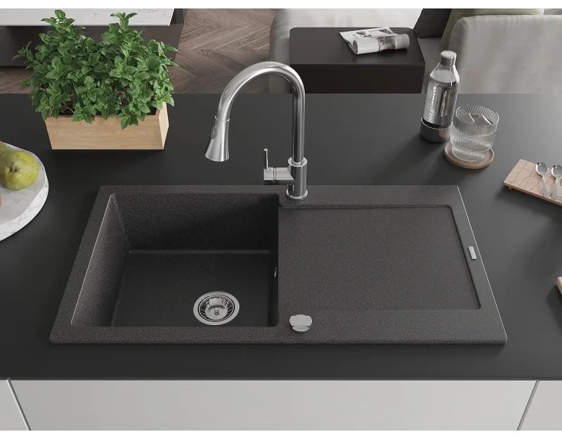 Mexen Leo, 1-komorový granitový drez 900x500x190 mm a drezová batéria Elia, čierna škvrnitá, 6501-76-670101-00