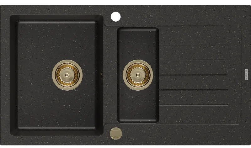 Mexen Matias - drez granitový 900x505x200 mm, 1,5-komorový, čierna-zlatá metalíza so zlatým sifónom, 6502901505-75-G