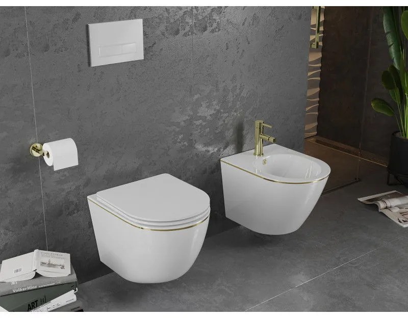 Mexen Lena, závesný bidet 480x370x325 mm, biela - zlatý okraj, 35224805
