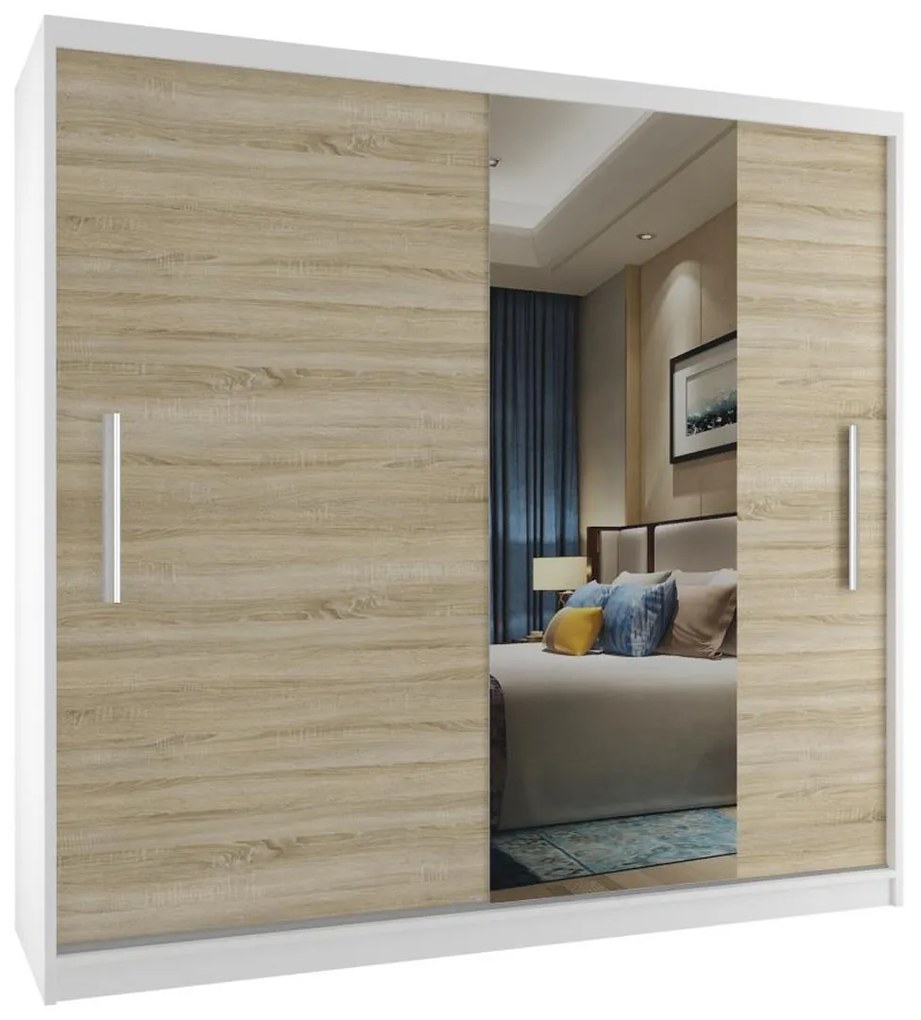 Šatníková skriňa 200 cm Belini biely mat / dub sonoma s posuvnými dverami a zrkadlom MSE SZP1/2/W/1DS1L/AL