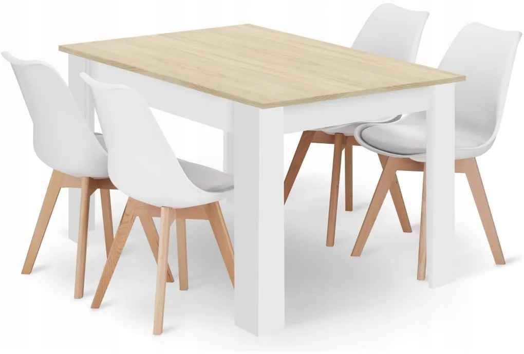 Jedálenská zostava stôl Dub sonoma 120 X 80 biele nohy + 4 stoličky MARK biele/ prírodné nohy