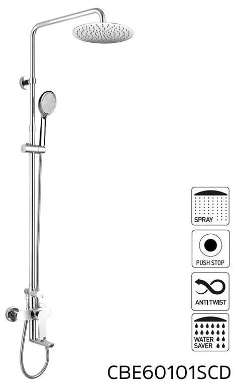Mereo, Nástenná vaňová batéria Viana so sprchovou tyčou, hadicou, ručnou a tanierovou sprchou slim o200 mm, MER-CBE60101SC