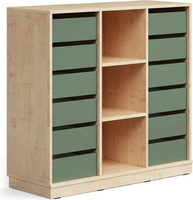 Úložná skrinka CASPER, 12 zásuviek, 3 priehradky, so soklom, breza/tmavozelená