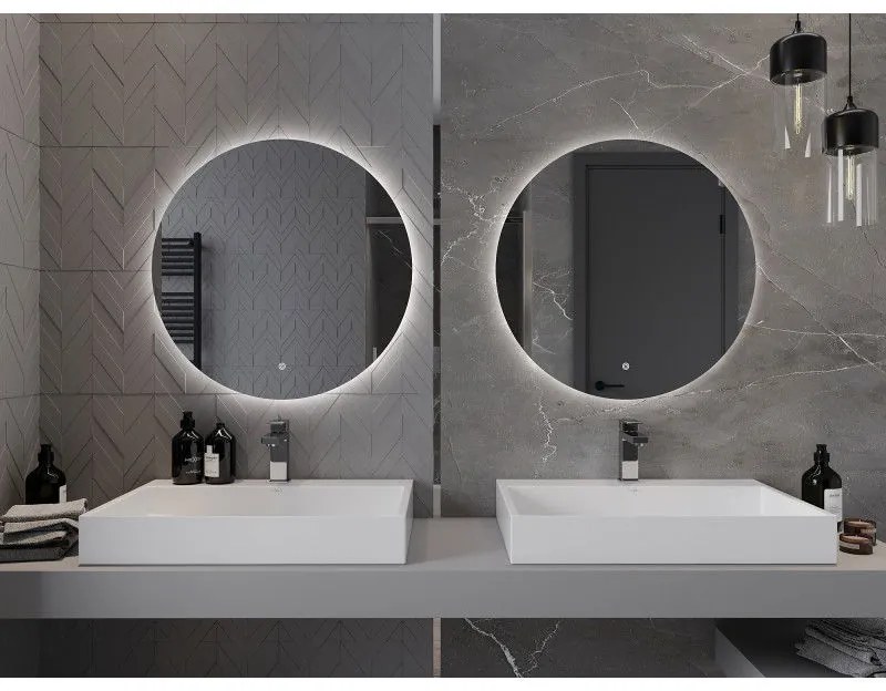 Mexen Erg, okrúhle LED podsvietené kúpeľňové zrkadlo 70 cm, 6000K, vykurovacia podložka proti zahmlievaniu, 9823-070-070-611-00