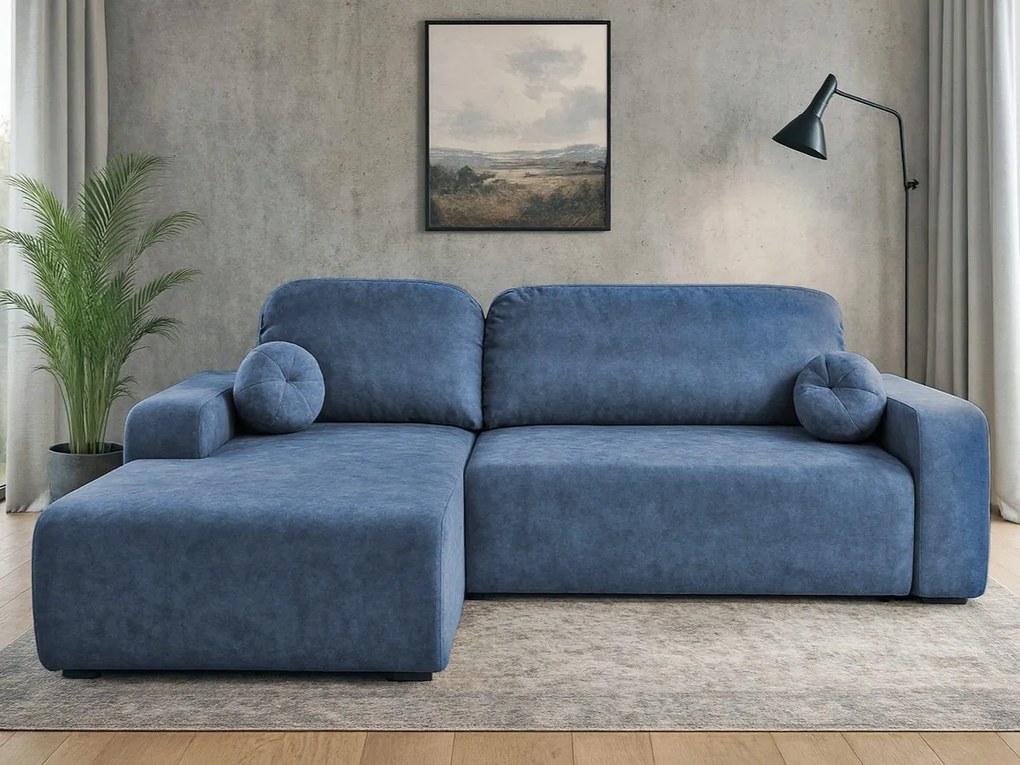 Rohová sedačka s funkciou spania Tori ľavá s úložným priestorom na posteľnú bielizeň, modrý velúr
