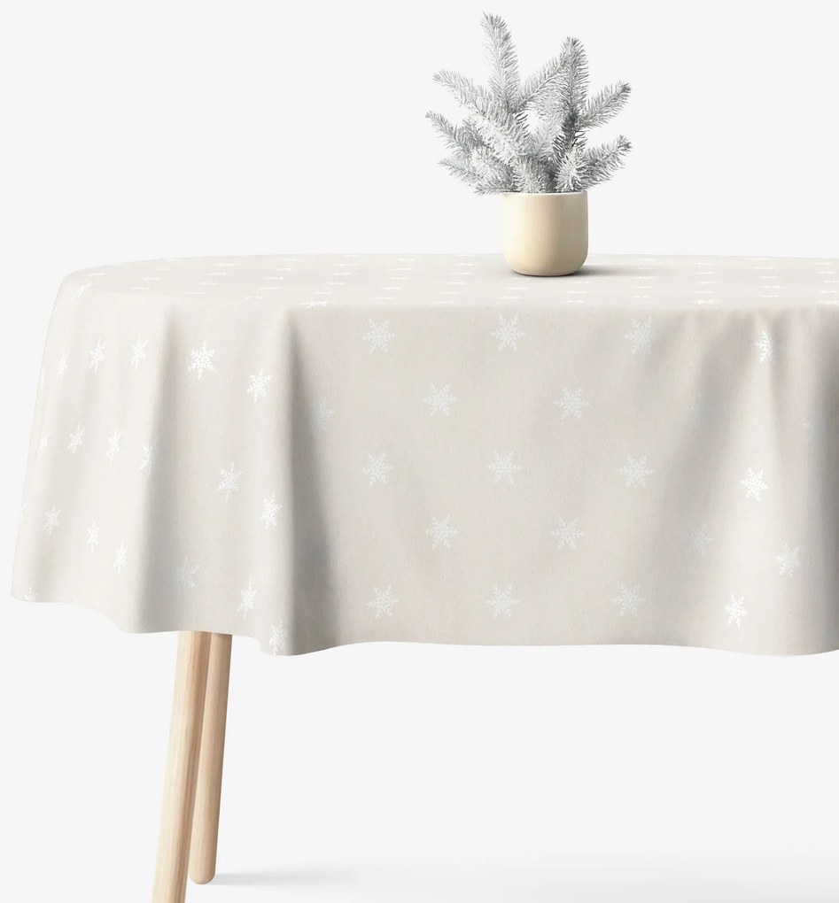 Goldea vianočný oválny obrus natura – snehové vločky na režnej 140 x 220 cm