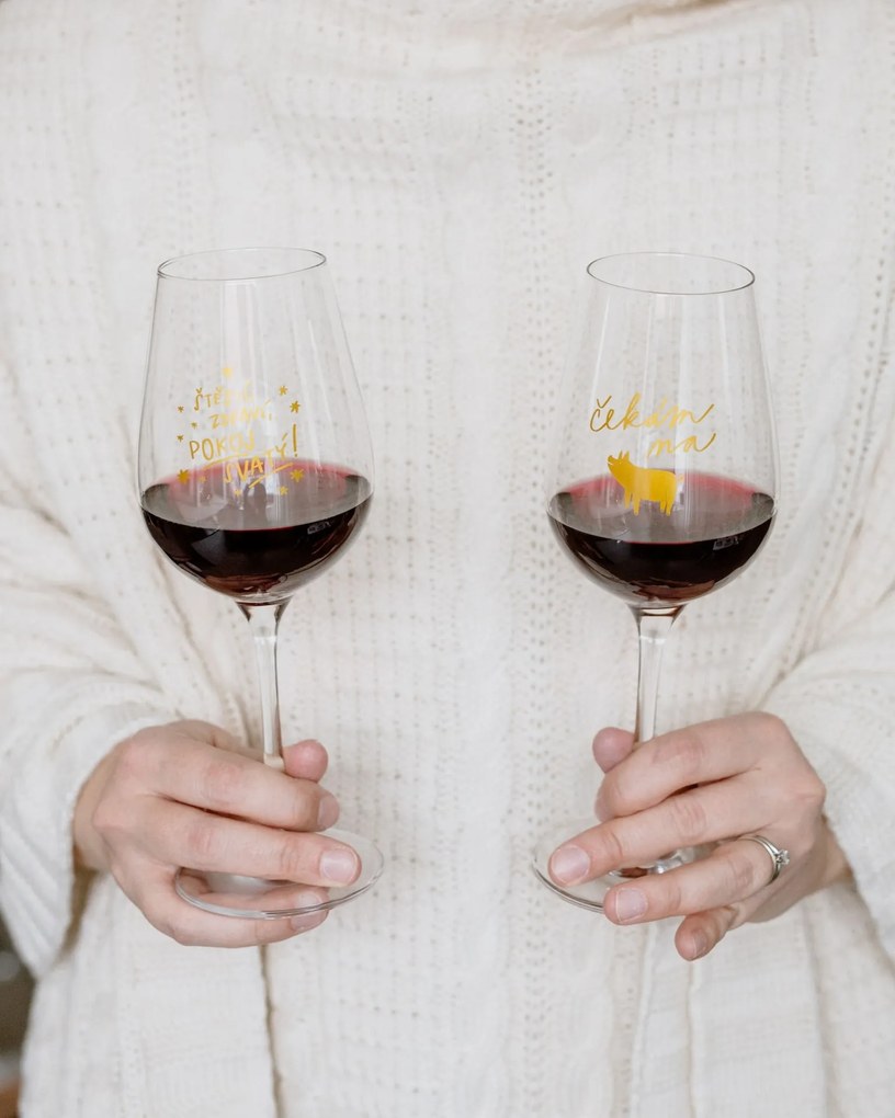 Bella Rose Pohár na víno Čakám na zlaté prasiatko + vianočná krabička CZ