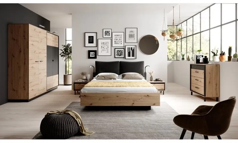 Čalúnená posteľ NEST 160 x 200 cm remeselný dub/antracit