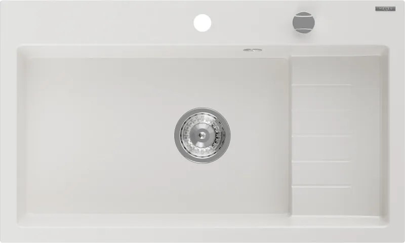 Mexen Omar granitový drez 1-komorový 800 x 480 mm, biely, sifón chróm - 6520801005-20