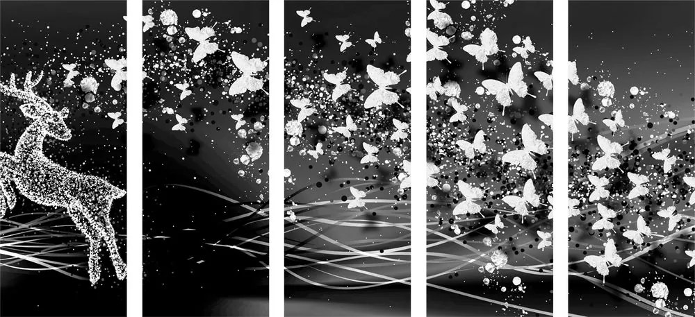 5-dielny obraz nádherný jeleň s motýľmi v čiernobielom prevedení Varianta: 100x50