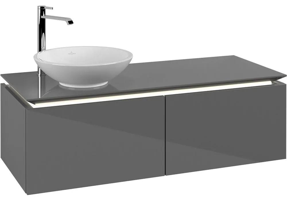 VILLEROY &amp; BOCH Legato závesná skrinka pod umývadlo na dosku (umývadlo vľavo), 2 zásuvky, s LED osvetlením, 1200 x 500 x 380 mm, Glossy Grey, B579L0FP