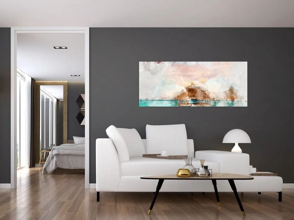 Obraz - Maledivy, drevené mólo (120x50 cm)