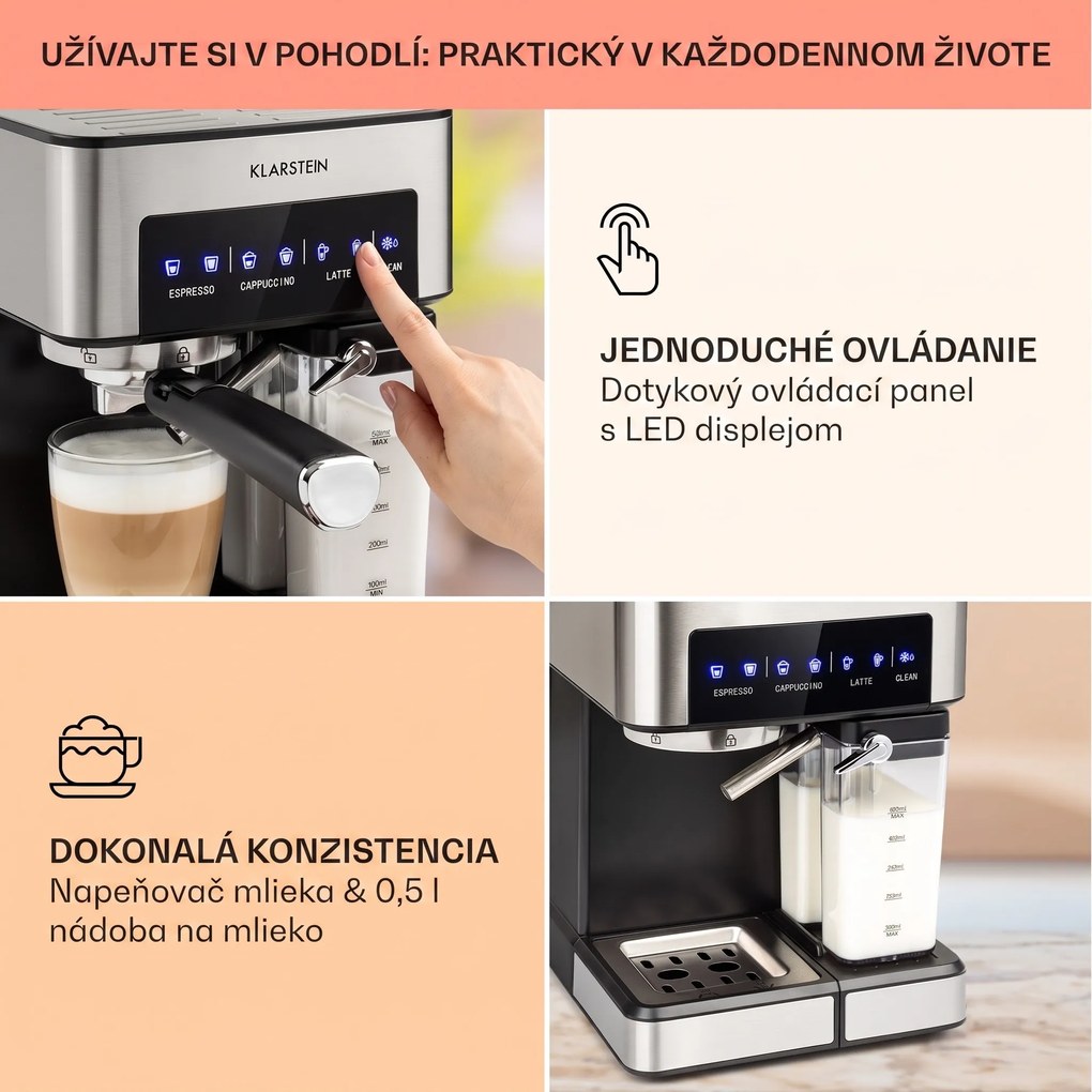 Klarstein Arabica Comfort kávovar s portafiltrom, 1350 W, 20 bar, 1,8 l, dotykový ovládací panel
