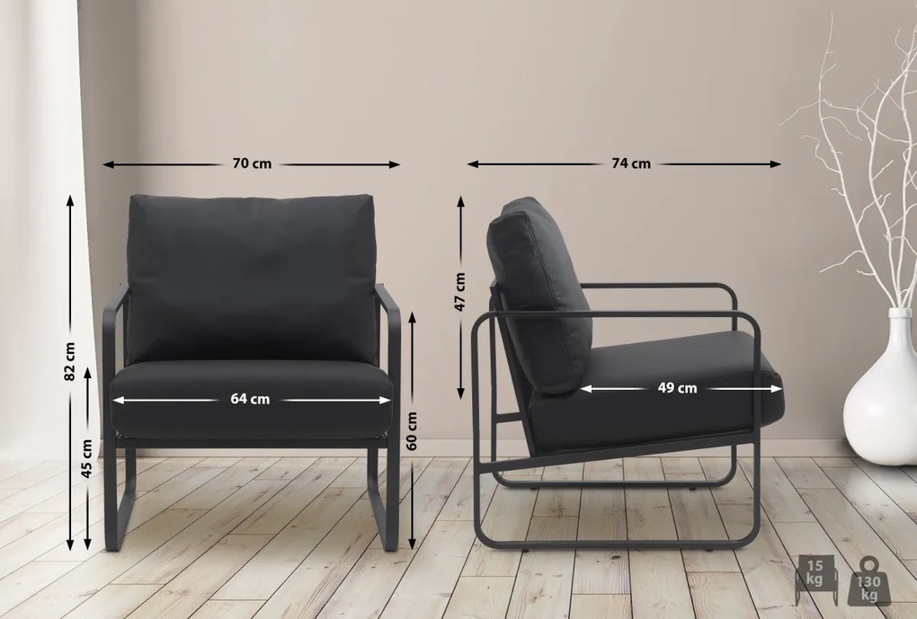 Design-Shop Kreslo Manea - koženka / kov - Čierna