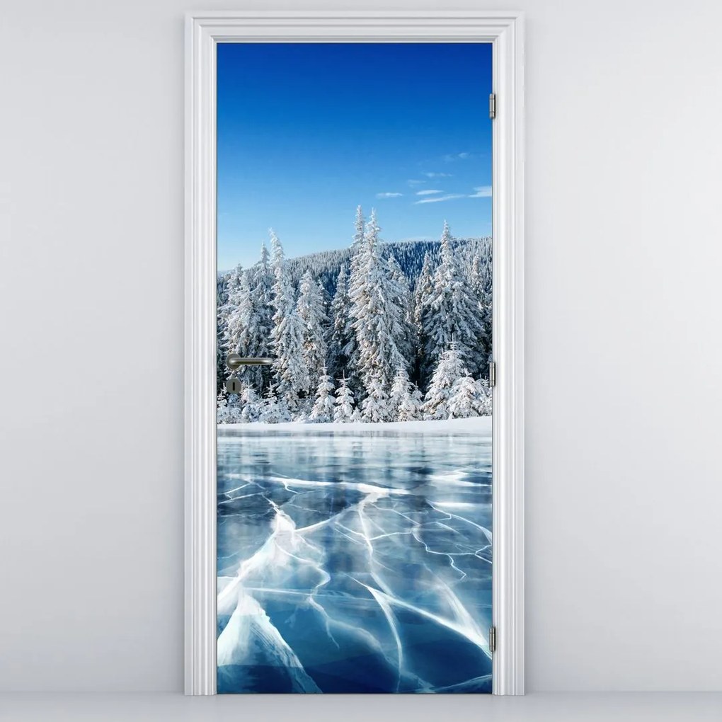 Fototapeta na dvere - Zamrznuté jazero a zasnežené stromy (95x205cm)