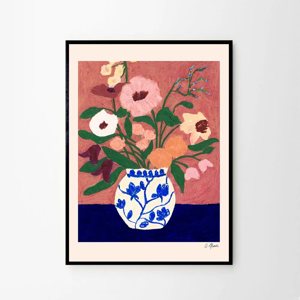Moikka Plagát Flowers on Blue Table by Carla Llanos A4 (21x27cm)