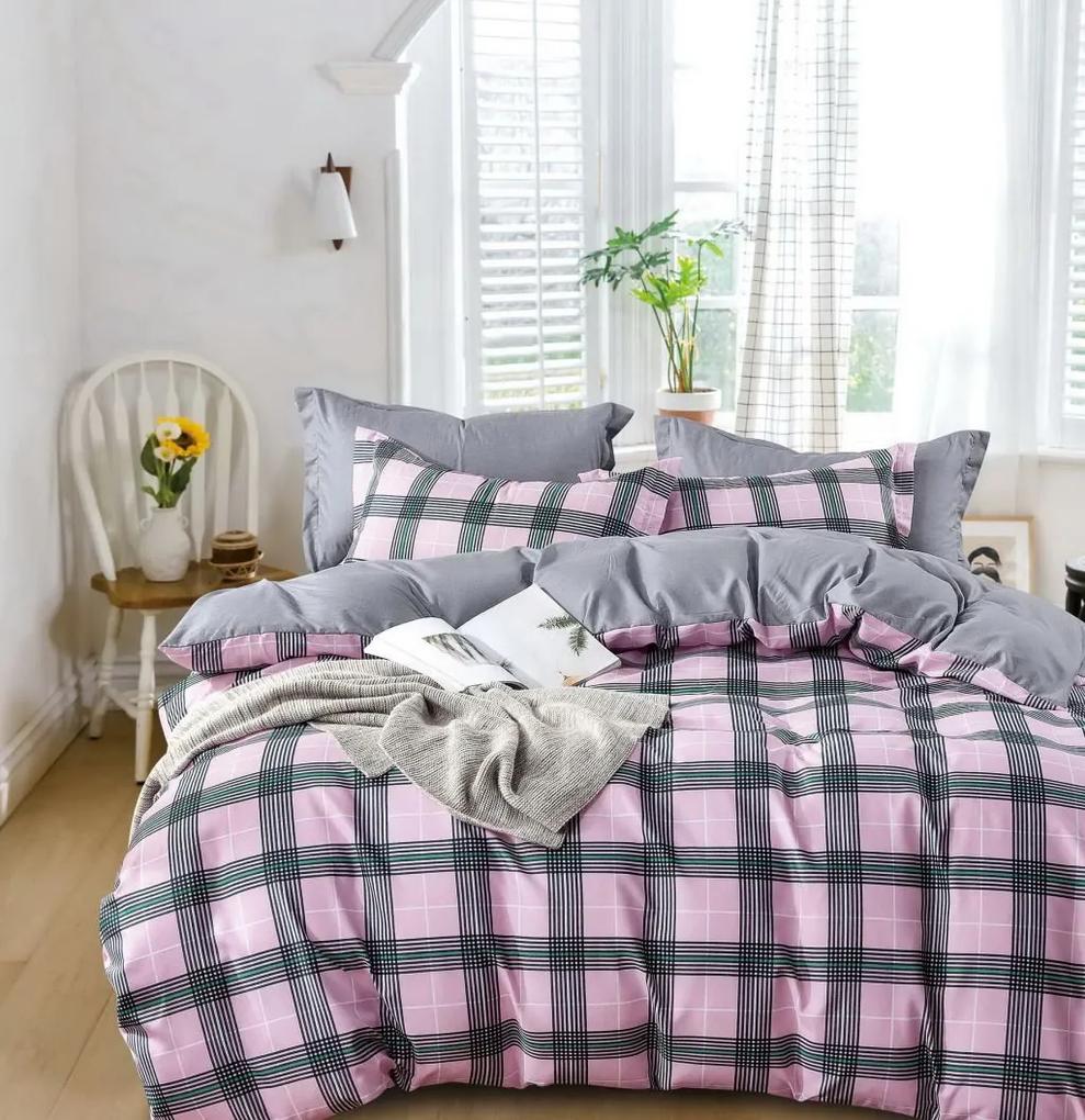 DomTextilu Ružové karované posteľné obliečky 4 časti: 1ks 160 cmx200 + 2ks 70 cmx80 + plachta Ružová 38006-180491