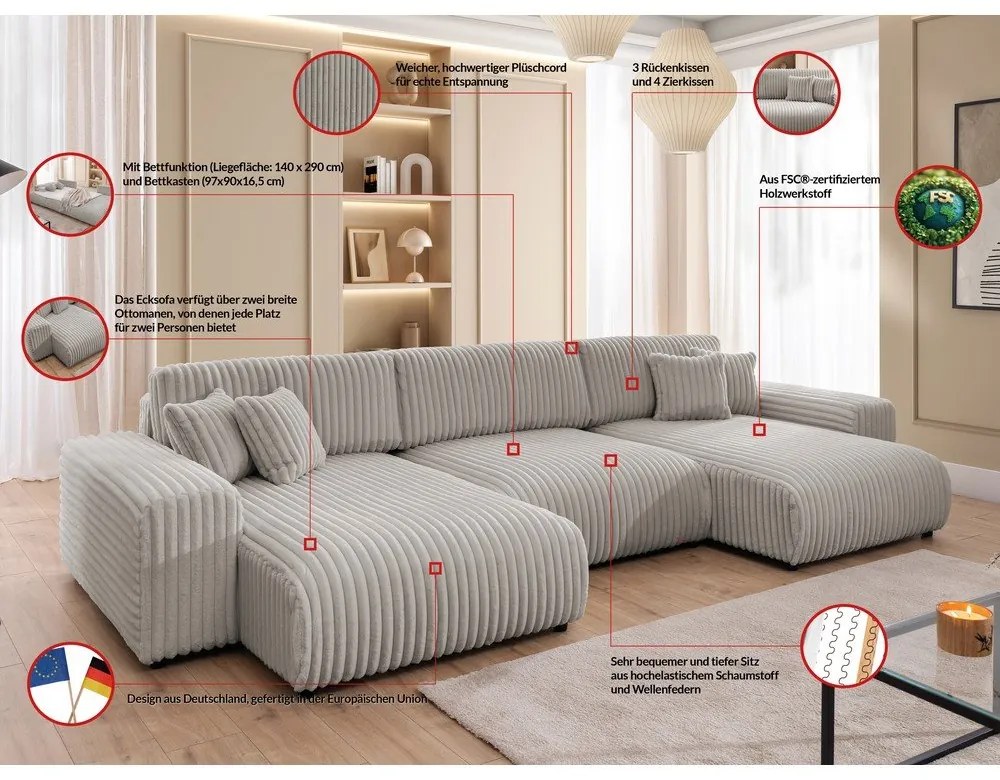 Svetlosivá menčestrová rozkladacia/s úložným priestorom rohová pohovka (do tvaru "U") Sarina – Ropez