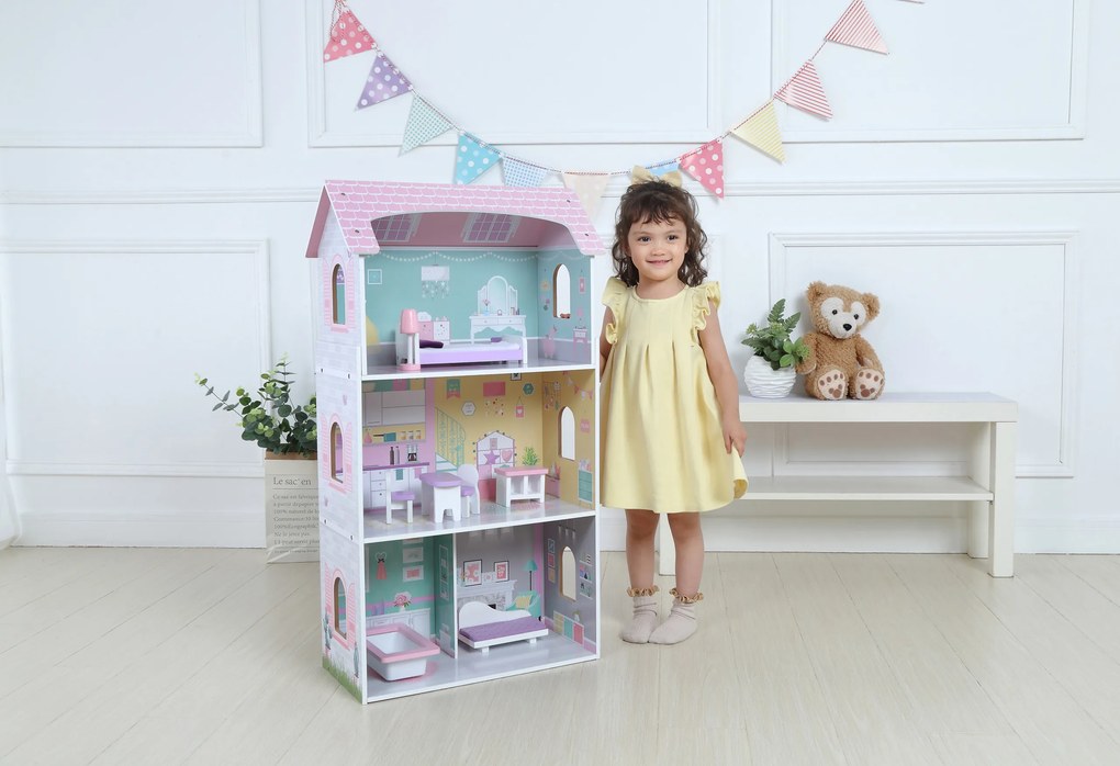 Drevený domček pre bábiky ECOTOYS – Rezidencia Jagodová, 3 poschodia, 8 ks nábytku
