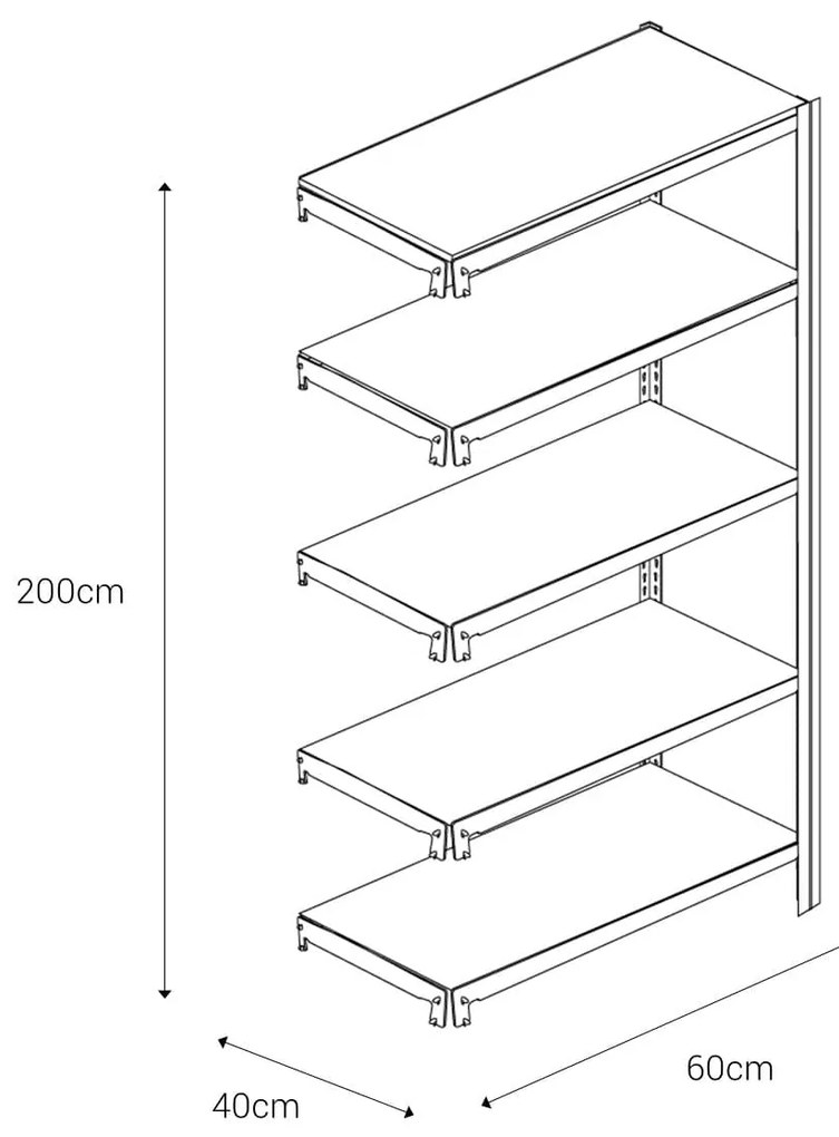 Bezskrutkový kovový regál prídavný modul 200x60x40cm T profil, 5 políc