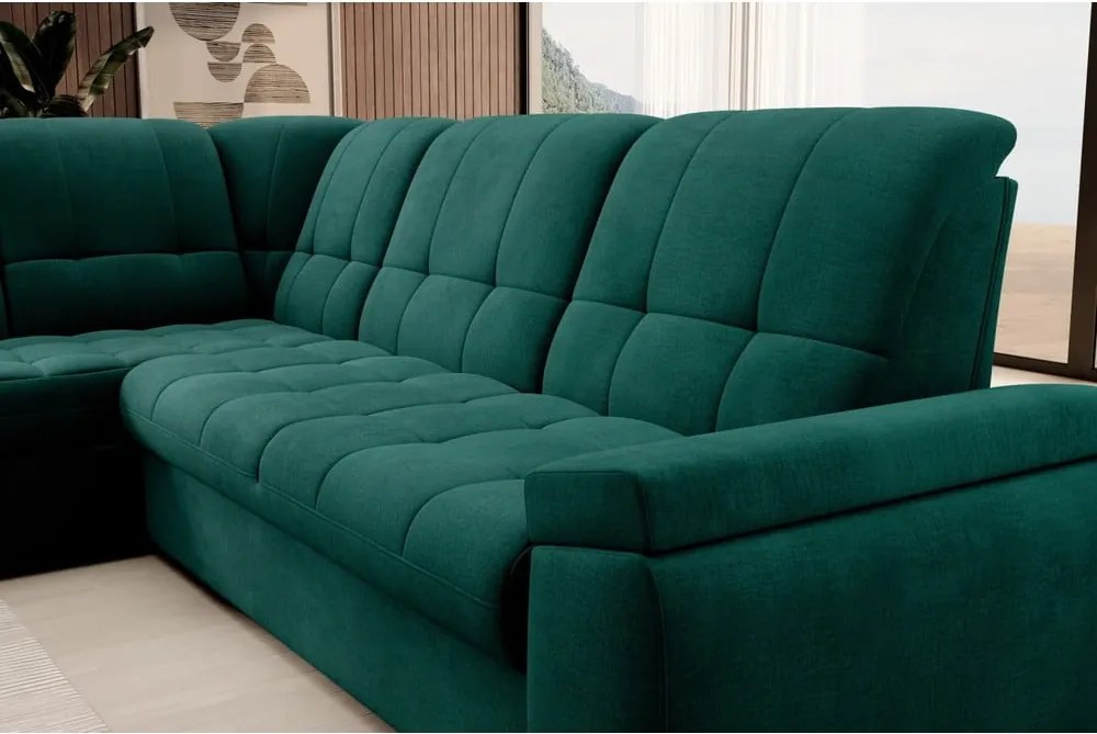 Zelená zamatová rozkladacia/s úložným priestorom rohová pohovka (ľavý roh/do L) Sado – ELTAP