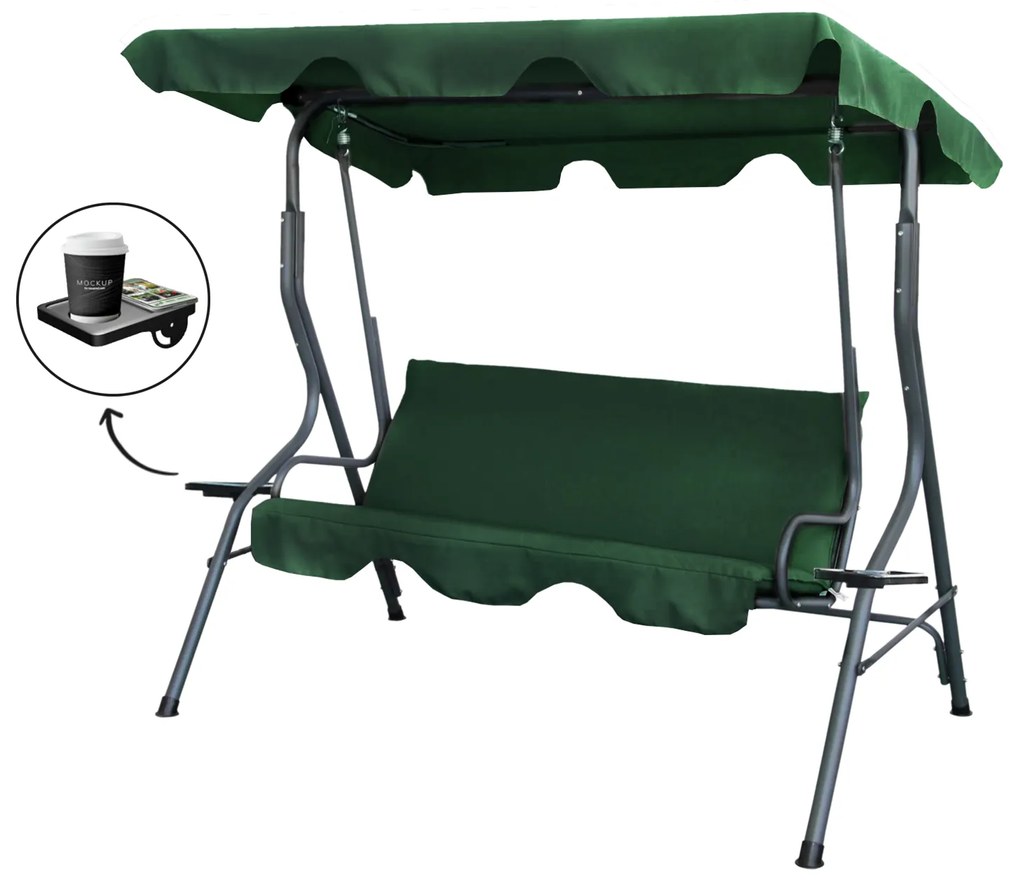 Záhradná hojdačka 170x110x153cm - zelená s podstavcami na nápoj