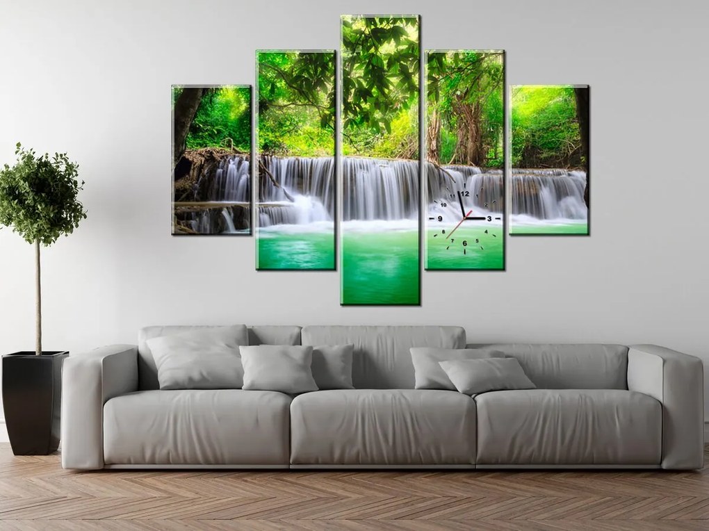 Gario Obraz s hodinami Thajsko a vodopád v Kanjanaburi - 5 dielny Rozmery: 150 x 70 cm