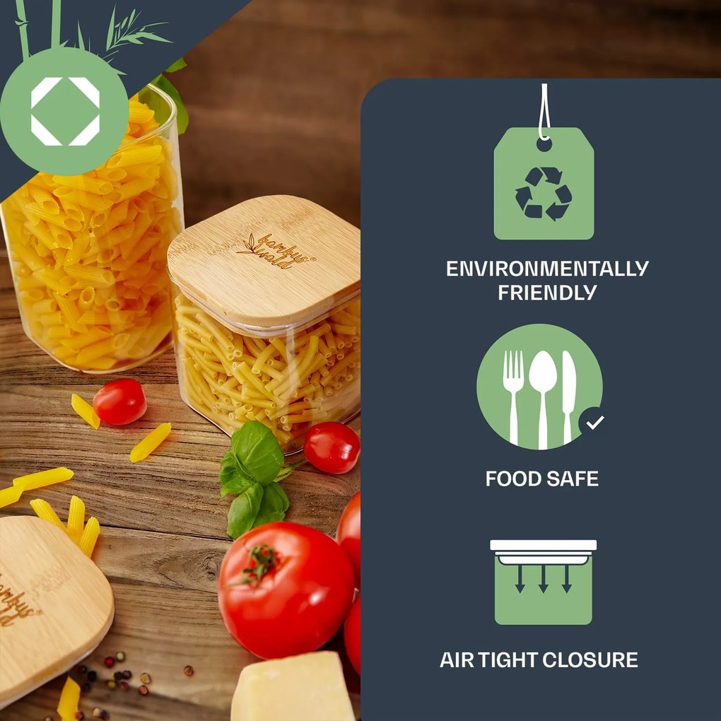 Klarstein Hranatá nádoba na skladovanie potravín s bambusovým vrchnákom, 10 x 20,5 x 10 cm, 3 x 1500 ml, vzduchotesná, so silikónovým tesnením