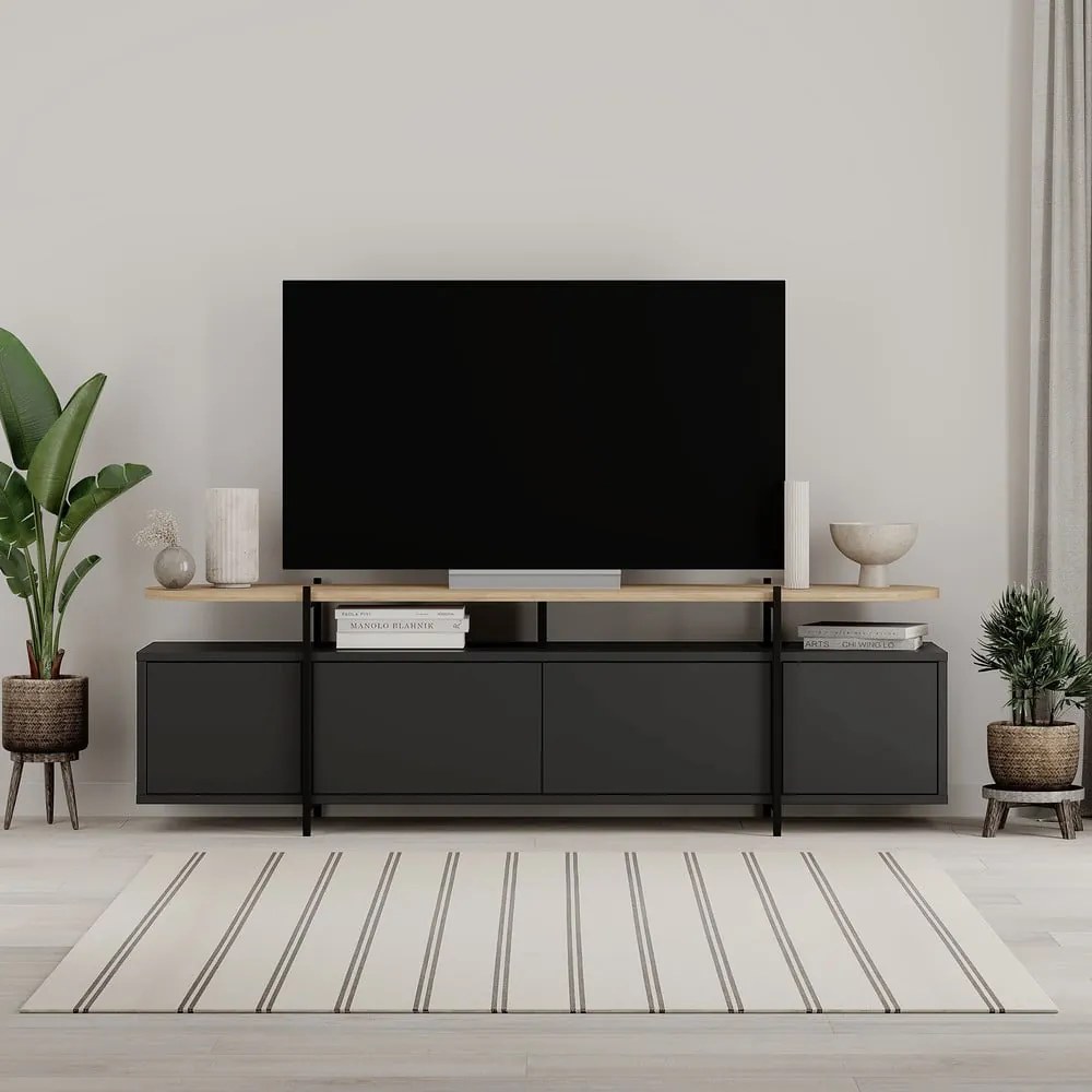 Čierny TV stolík v dekore duba 160x48 cm Hinoa – Marckeric