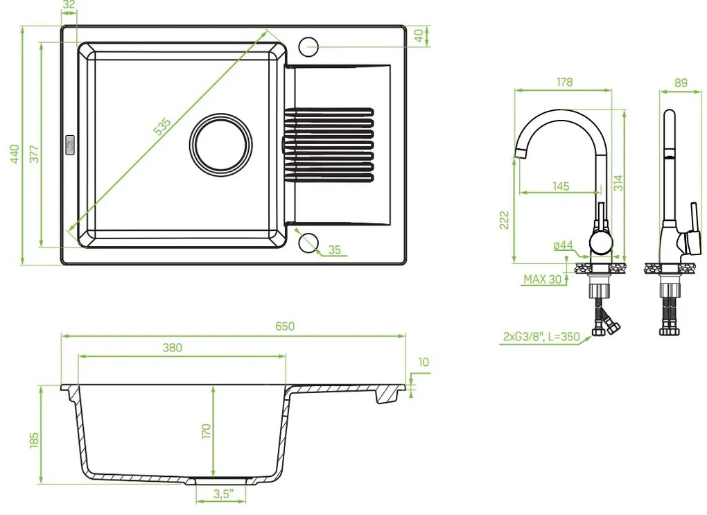 Laveo Celia, 1,5-komorový granitový drez 650x440x195 mm + drezová batéria s výlevkou v tvare U, béžová, LAV-SJCA430T