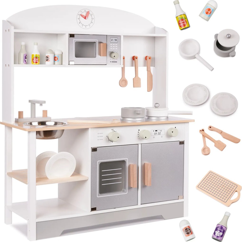 KIK Detská drevená kuchyňa MODERN CLASSIC s príslušenstvom, 82 cm, sivá