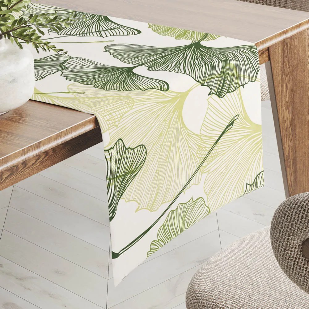 Biante Bavlnený behúň na stôl Sandra SA-576 Zelené Ginkgo listy na bielom 20x120 cm