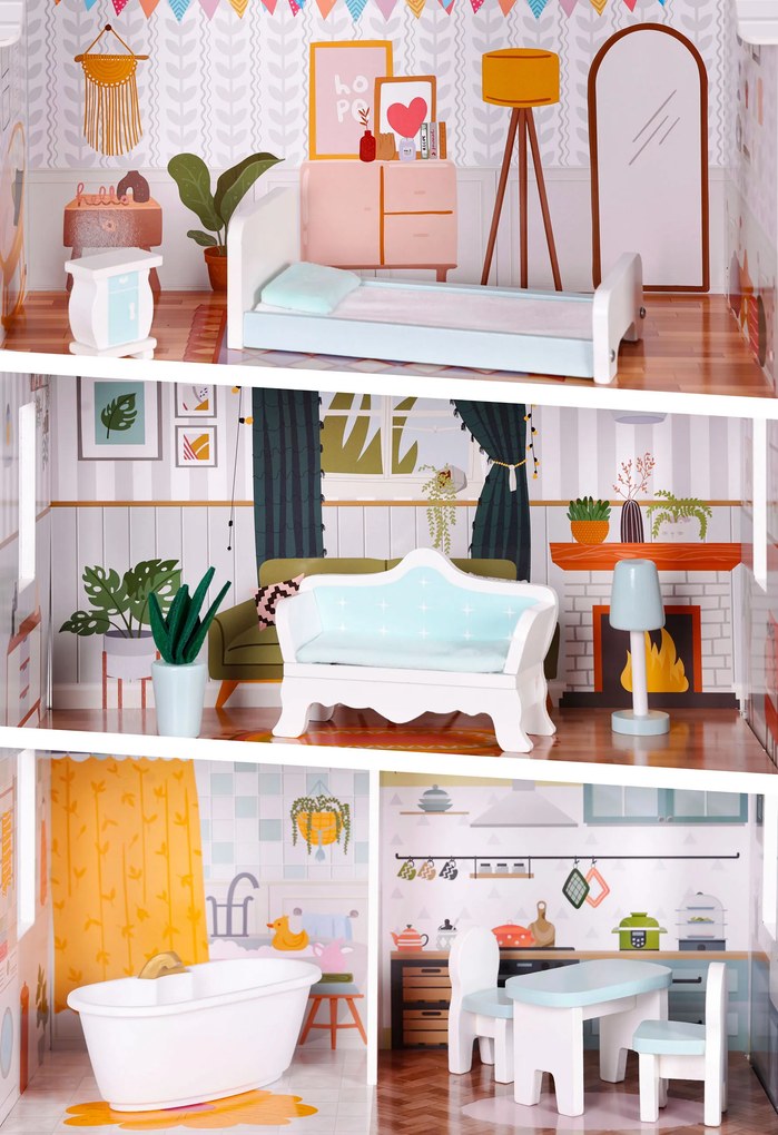 ECOTOYS Domček pre bábiky Alice z MDF, 3 poschodia, 4 izby, 9 dielov nábytku, pre deti 3+