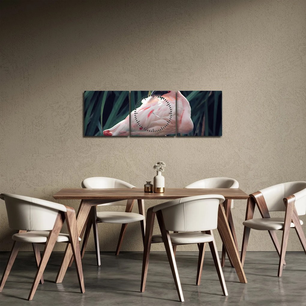 Obraz - Plameniak (s hodinami) (90x30 cm)