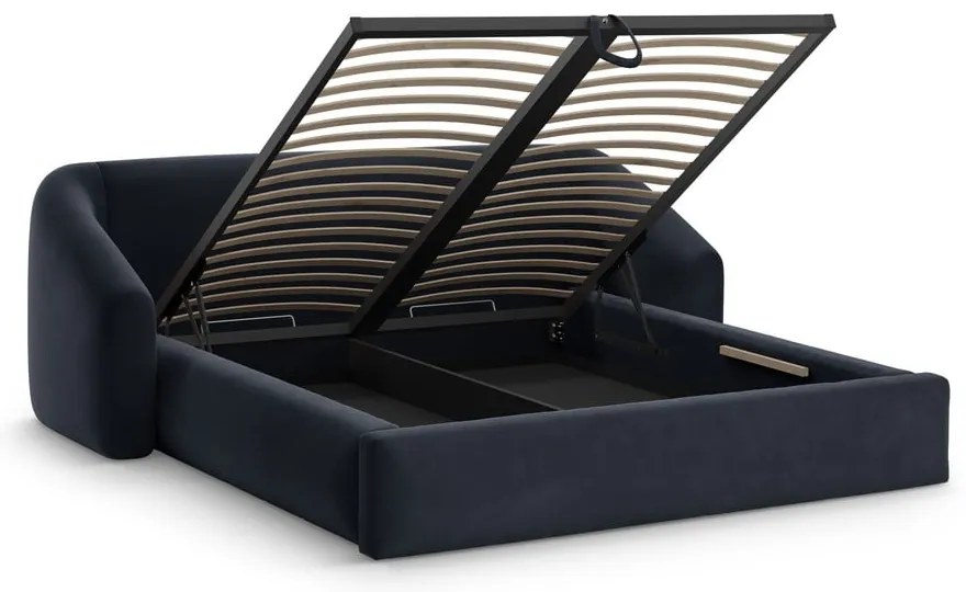 Tmavomodrá čalúnená dvojlôžková posteľ s úložným priestorom s roštom 200x200 cm Campi – Cosmopolitan Design