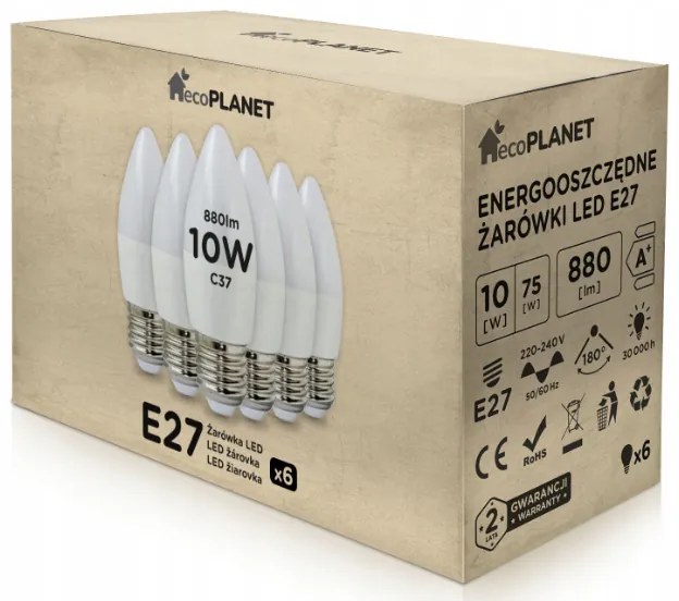 6x LED žiarovka - ecoPLANET - E27 - 10W - sviečka - 880Lm - neutrálna biela