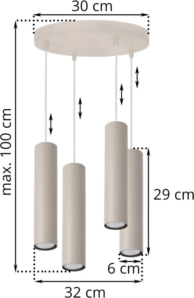Závesné svietidlo Tuba, 4x béžové kovové tienidlo, o